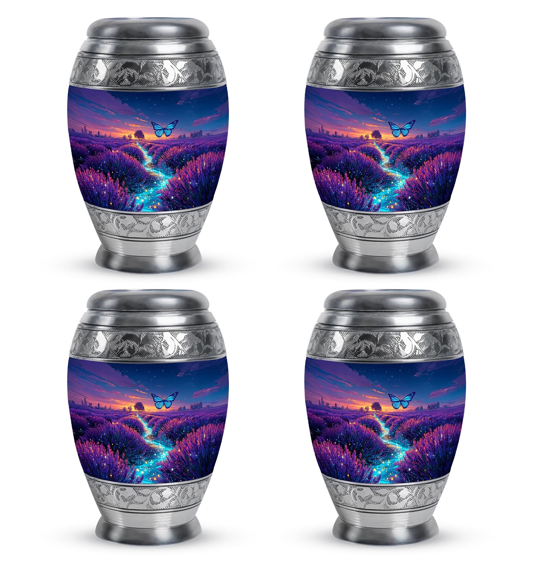 Misty Blue Butterfly Cremation Urn urn with complimentary velvet bag - ornate monarch-style butterfly relief on brushed aluminum - 10 inch aluminum urn for cremated remains