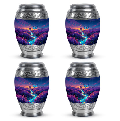 Misty Blue Butterfly Cremation Urn urn with complimentary velvet bag - ornate monarch-style butterfly relief on brushed aluminum - 10 inch aluminum urn for cremated remains