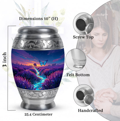 Cobalt Blue Butterfly Cremation Urn lifestyle display on memorial shelf - majestic butterfly pattern with filigree border - mini keepsake memorial for portion of cremation ashes