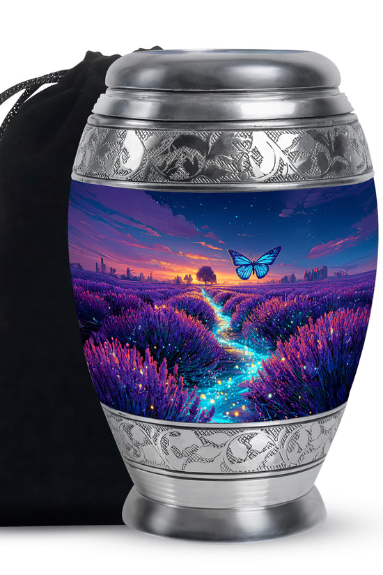 Vivid Blue Butterfly Cremation Urn back view with polished surface - majestic butterfly pattern with filigree border - full-size 10 inch 200 cubic inch adult cremation urn