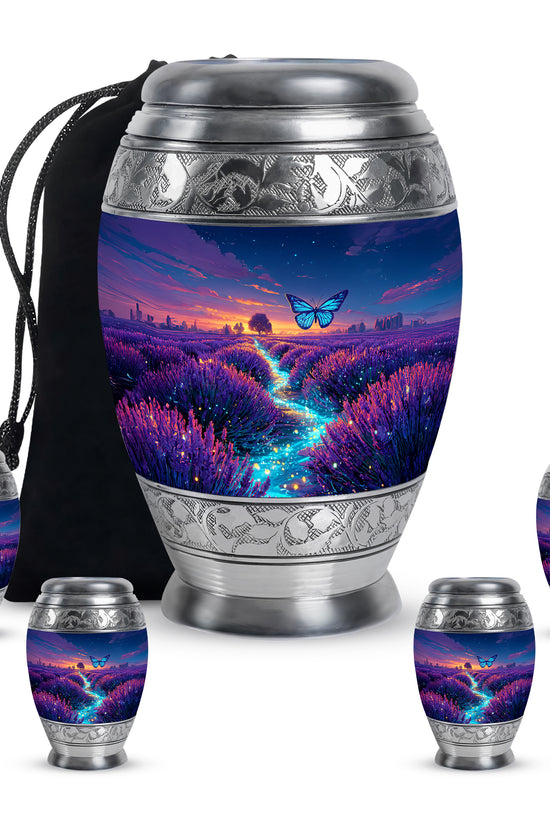 Pastel Blue Butterfly Cremation Urn detail view - ornate monarch-style butterfly relief on brushed aluminum - memorial set with one large and four small urns