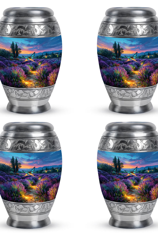 Steel Blue Butterfly Cremation Urn urn with complimentary velvet bag - majestic butterfly pattern with filigree border - 10 inch aluminum urn for cremated remains