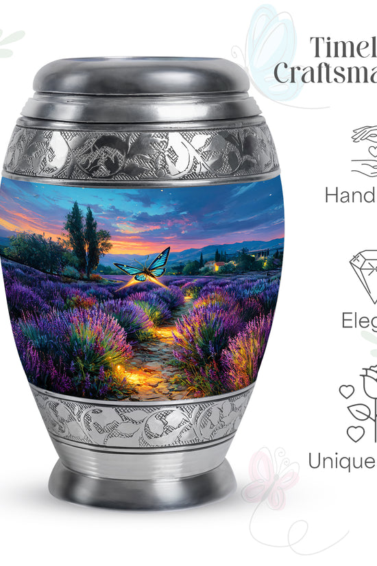 Calming Blue Butterfly Cremation Urn lifestyle display on memorial shelf - majestic butterfly pattern with filigree border - mini keepsake memorial for portion of cremation ashes