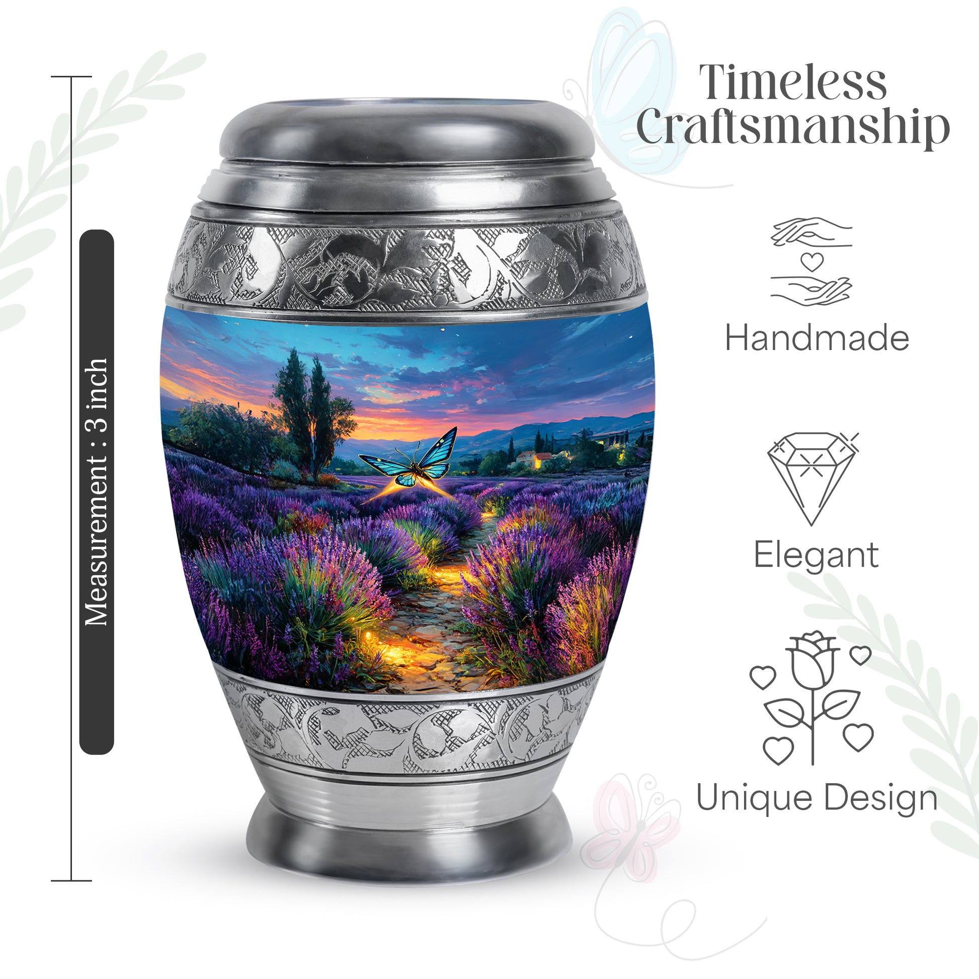Calming Blue Butterfly Cremation Urn lifestyle display on memorial shelf - majestic butterfly pattern with filigree border - mini keepsake memorial for portion of cremation ashes