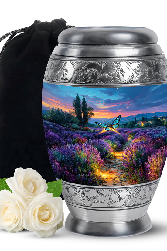 Azure Butterfly Cremation Urn back view with polished surface - ornate monarch-style butterfly relief on brushed aluminum - full-size 10 inch 200 cubic inch adult cremation urn