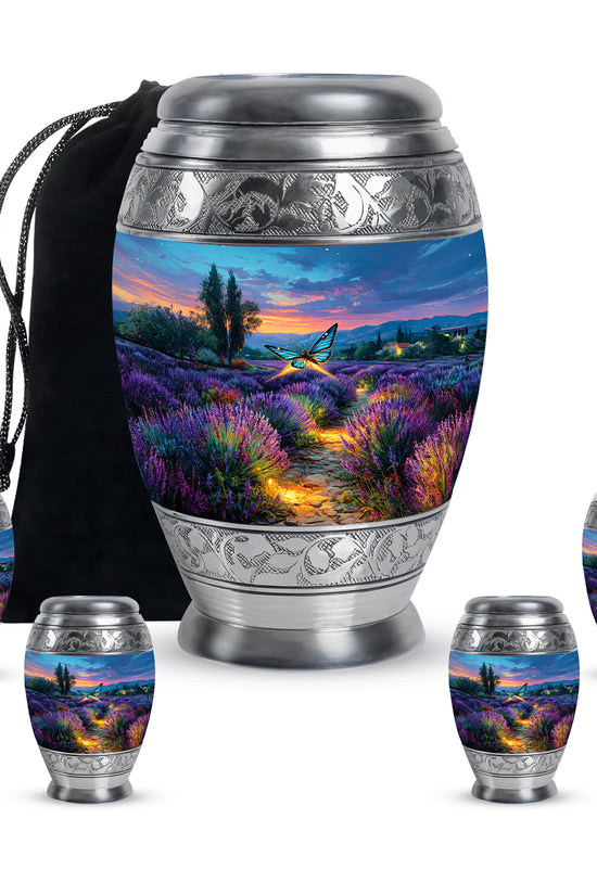 Powder Blue Butterfly Cremation Urn detail view - regal butterfly design with crown-inspired accents - memorial set with one large and four small urns