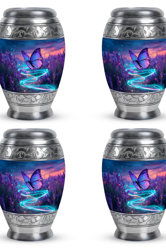 Sapphire Blue Butterfly Cremation Urn urn with complimentary velvet bag - royal butterfly engraving with decorative scrollwork - 10 inch aluminum urn for cremated remains