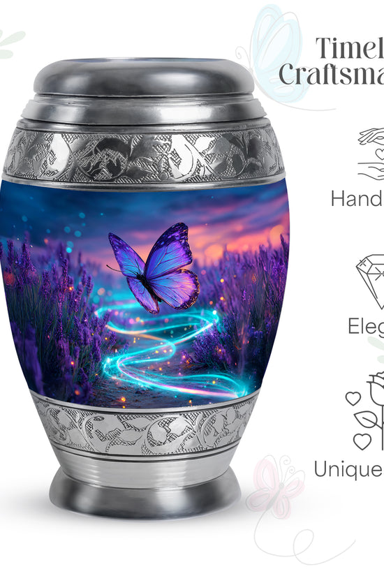 Indigo Butterfly Cremation Urn lifestyle display on memorial shelf - regal butterfly design with crown-inspired accents - mini keepsake memorial for portion of cremation ashes