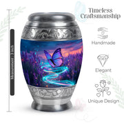 Indigo Butterfly Cremation Urn lifestyle display on memorial shelf - regal butterfly design with crown-inspired accents - mini keepsake memorial for portion of cremation ashes