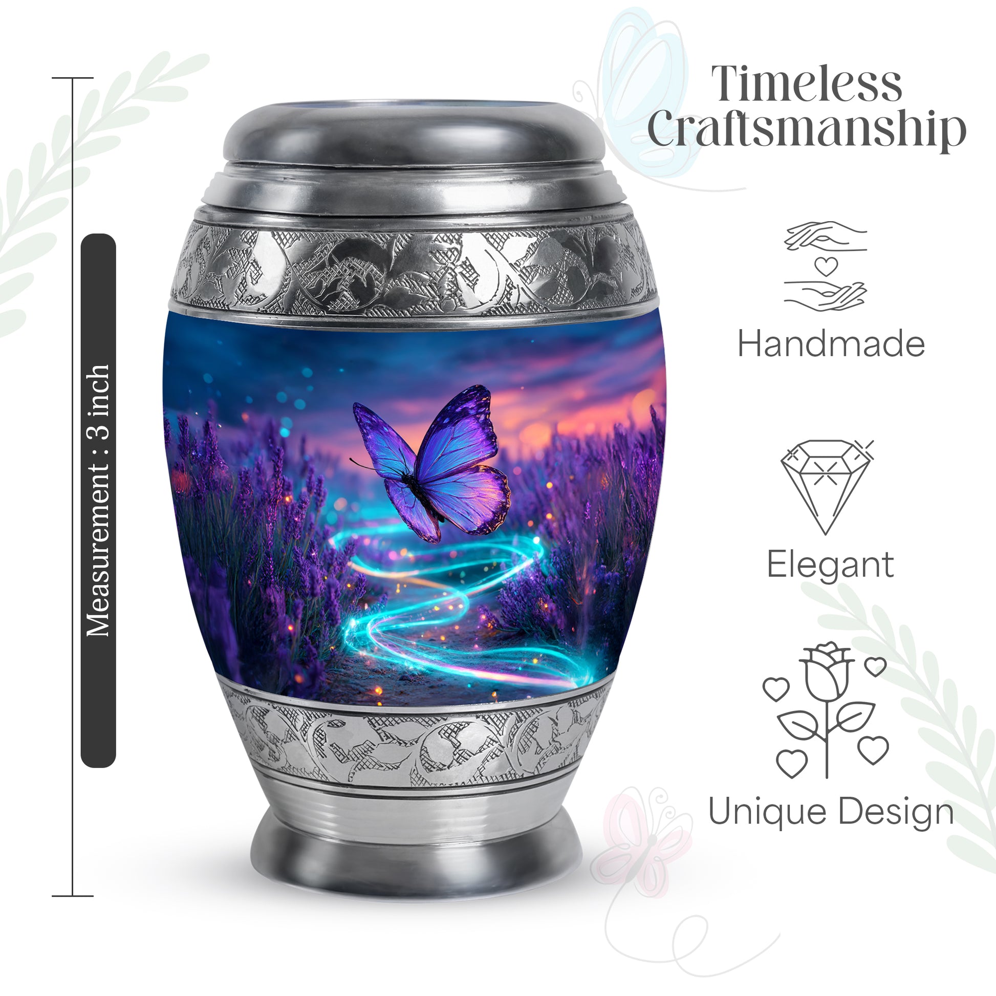 Indigo Butterfly Cremation Urn lifestyle display on memorial shelf - regal butterfly design with crown-inspired accents - mini keepsake memorial for portion of cremation ashes
