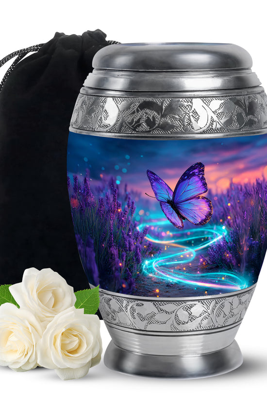 Calming Blue Butterfly Cremation Urn back view with polished surface - majestic butterfly pattern with filigree border - full-size 10 inch 200 cubic inch adult cremation urn