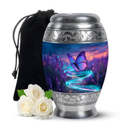 Calming Blue Butterfly Cremation Urn back view with polished surface - majestic butterfly pattern with filigree border - full-size 10 inch 200 cubic inch adult cremation urn