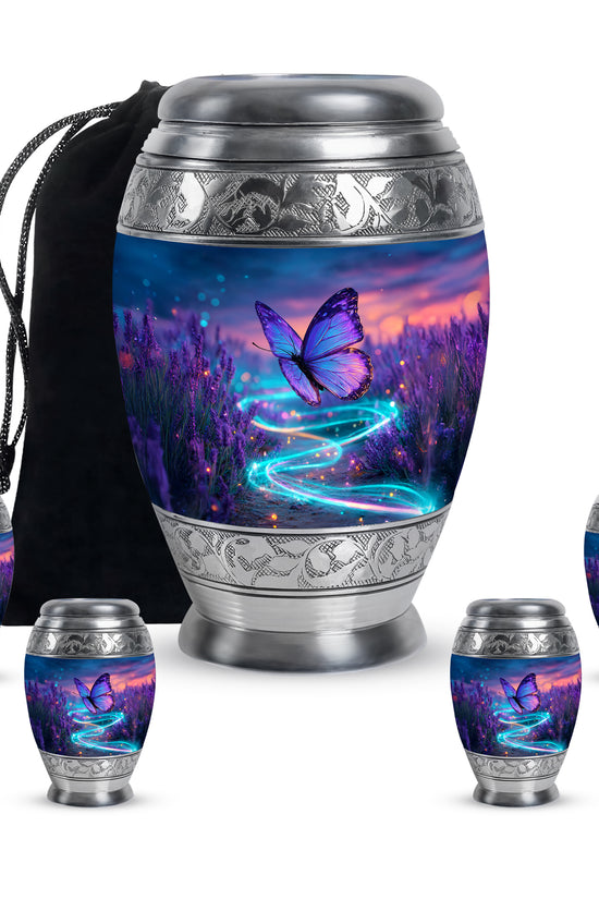Steel Blue Butterfly Cremation Urn detail view - royal butterfly engraving with decorative scrollwork - memorial set with one large and four small urns