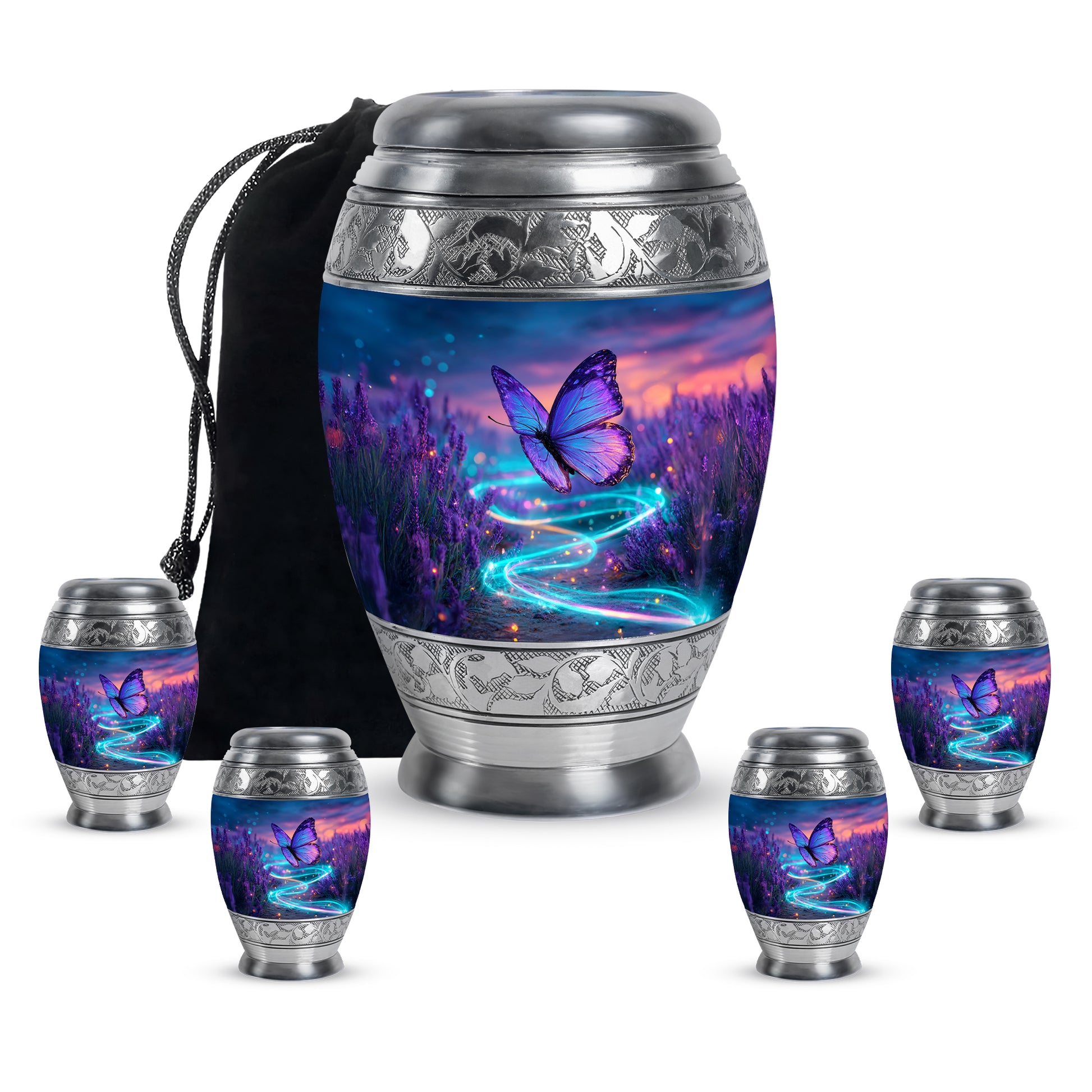 Steel Blue Butterfly Cremation Urn detail view - royal butterfly engraving with decorative scrollwork - memorial set with one large and four small urns