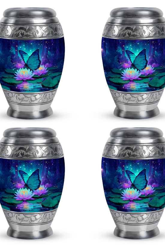 Pastel Blue Butterfly Cremation Urn urn with complimentary velvet bag - ornate monarch-style butterfly relief on brushed aluminum - 10 inch aluminum urn for cremated remains
