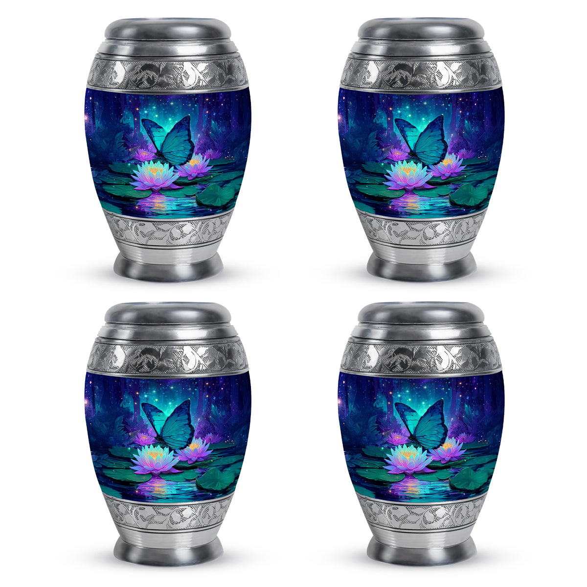 Pastel Blue Butterfly Cremation Urn urn with complimentary velvet bag - ornate monarch-style butterfly relief on brushed aluminum - 10 inch aluminum urn for cremated remains