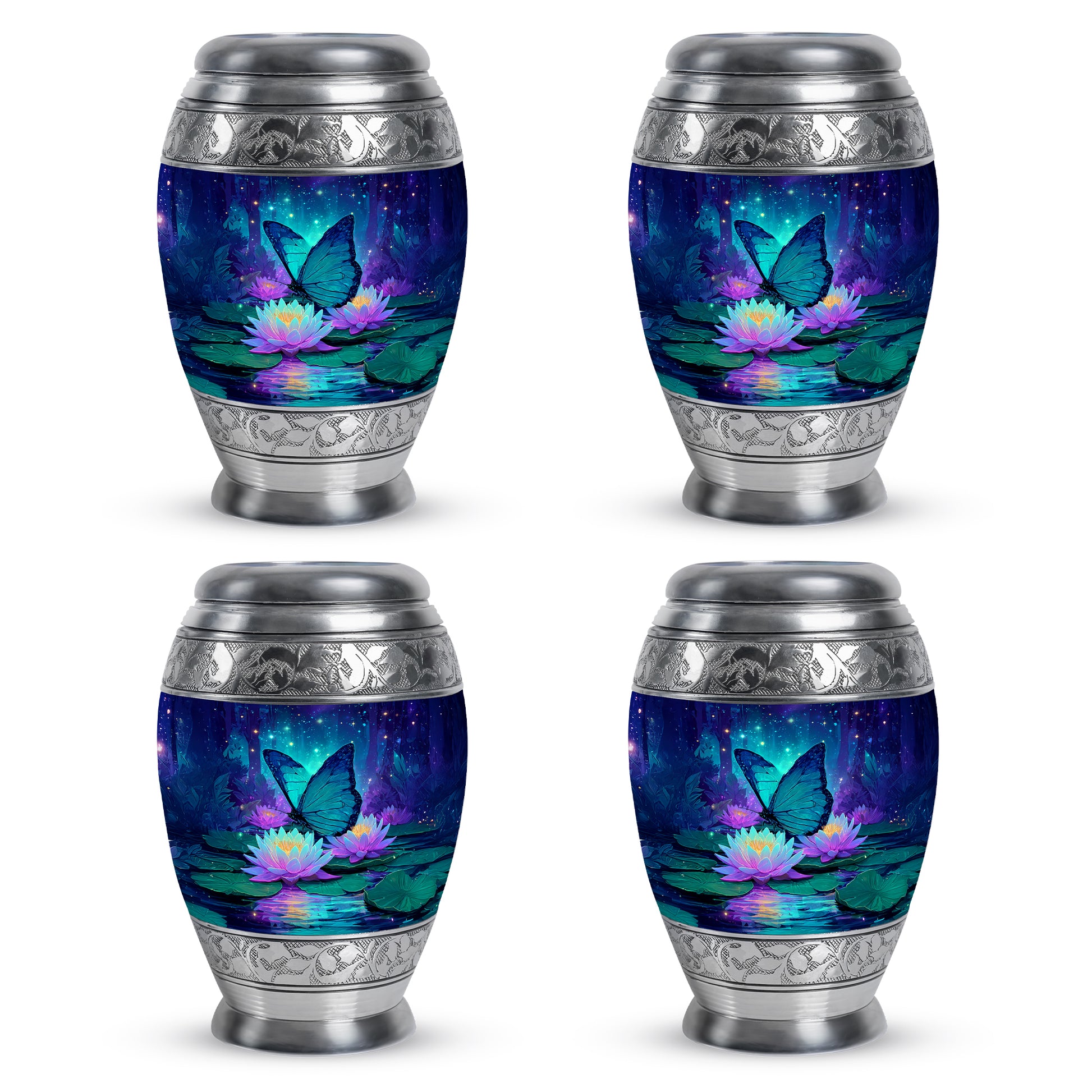Pastel Blue Butterfly Cremation Urn urn with complimentary velvet bag - ornate monarch-style butterfly relief on brushed aluminum - 10 inch aluminum urn for cremated remains