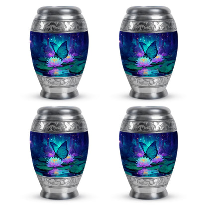 Pastel Blue Butterfly Cremation Urn urn with complimentary velvet bag - ornate monarch-style butterfly relief on brushed aluminum - 10 inch aluminum urn for cremated remains