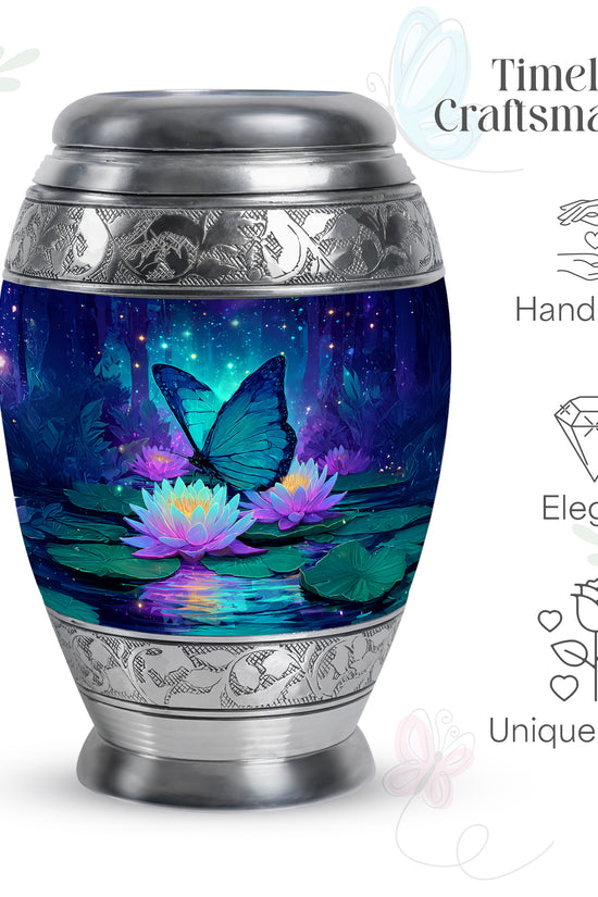 Cornflower Blue Butterfly Cremation Urn lifestyle display on memorial shelf - majestic butterfly pattern with filigree border - mini keepsake memorial for portion of cremation ashes