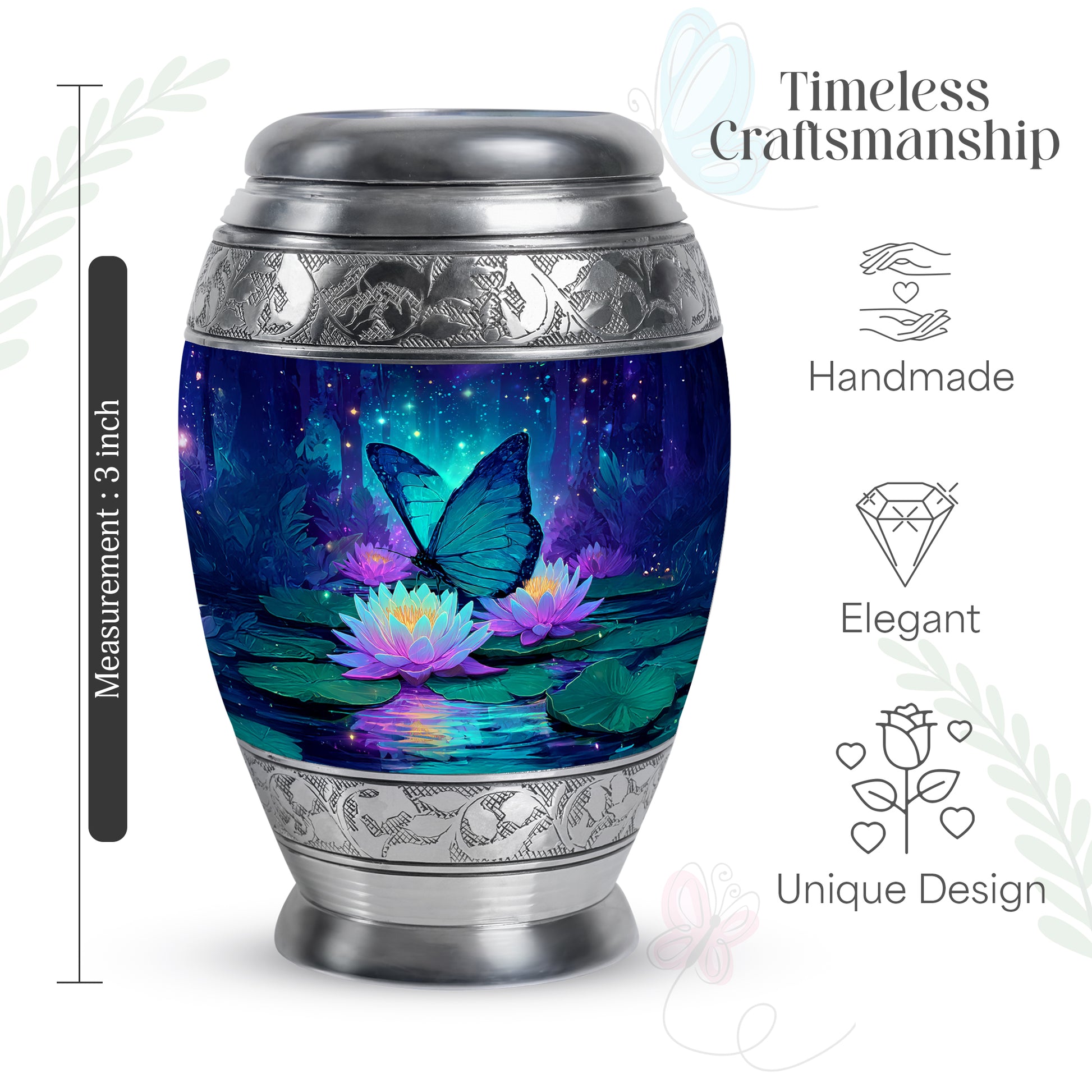 Cornflower Blue Butterfly Cremation Urn lifestyle display on memorial shelf - majestic butterfly pattern with filigree border - mini keepsake memorial for portion of cremation ashes
