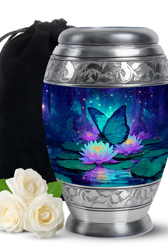 Azure Butterfly Cremation Urn back view with polished surface - ornate monarch-style butterfly relief on brushed aluminum - full-size 10 inch 200 cubic inch adult cremation urn