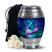 Azure Butterfly Cremation Urn back view with polished surface - ornate monarch-style butterfly relief on brushed aluminum - full-size 10 inch 200 cubic inch adult cremation urn
