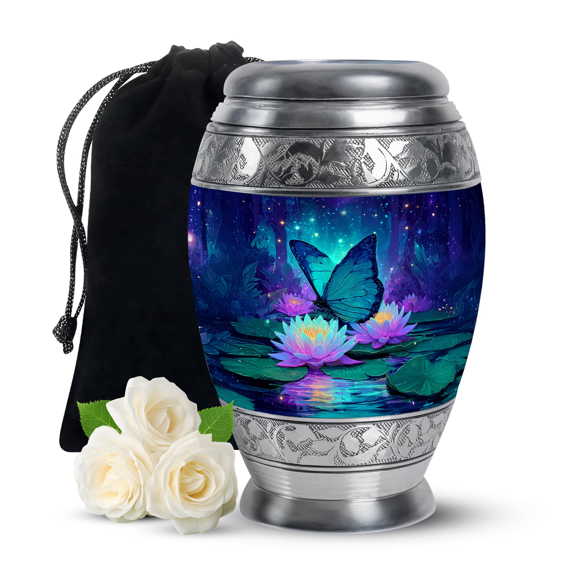 Azure Butterfly Cremation Urn back view with polished surface - ornate monarch-style butterfly relief on brushed aluminum - full-size 10 inch 200 cubic inch adult cremation urn