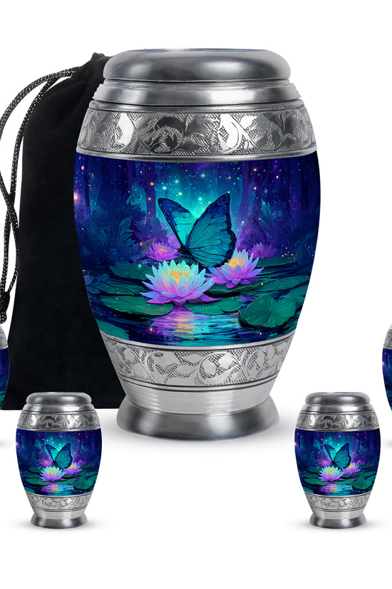 Icy Blue Butterfly Cremation Urn detail view - regal butterfly design with crown-inspired accents - memorial set with one large and four small urns