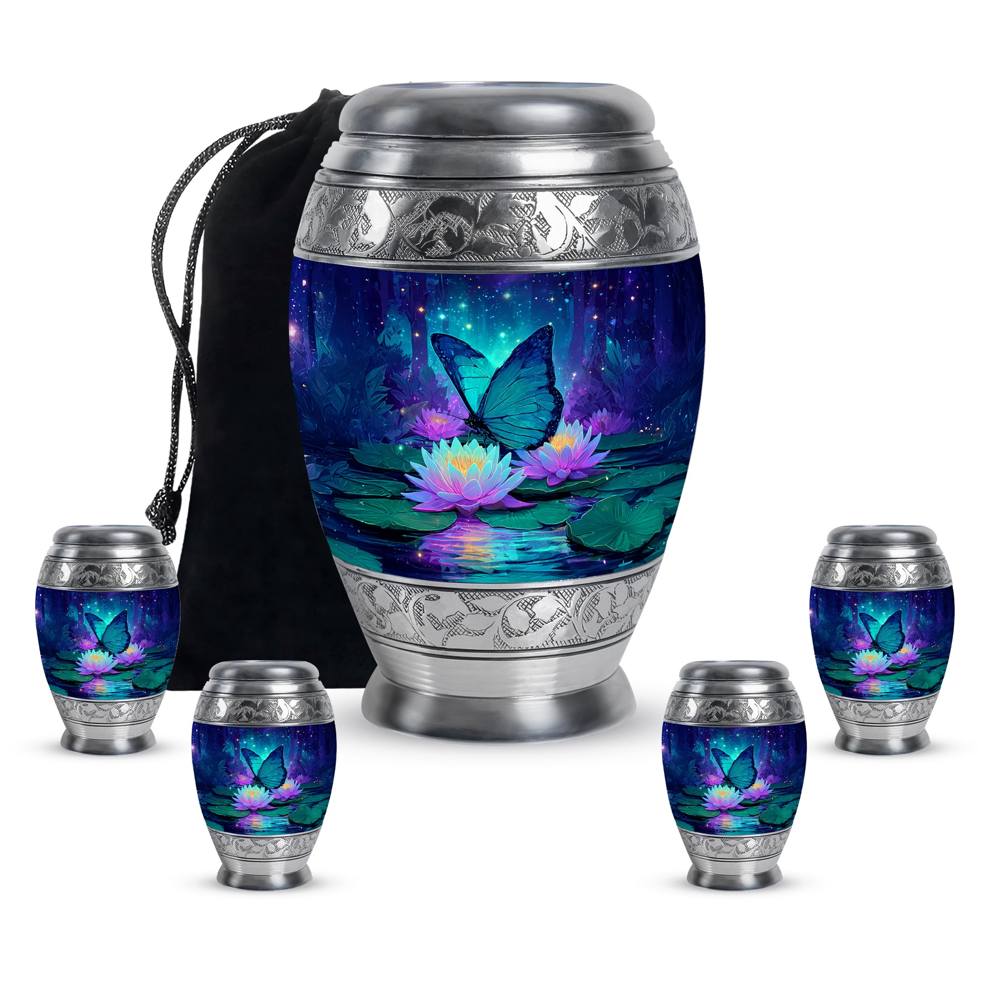 Icy Blue Butterfly Cremation Urn detail view - regal butterfly design with crown-inspired accents - memorial set with one large and four small urns