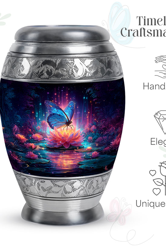 Soft Blue Butterfly Cremation Urn lifestyle display on memorial shelf - royal butterfly engraving with decorative scrollwork - mini keepsake memorial for portion of cremation ashes