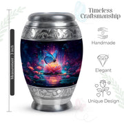 Soft Blue Butterfly Cremation Urn lifestyle display on memorial shelf - royal butterfly engraving with decorative scrollwork - mini keepsake memorial for portion of cremation ashes