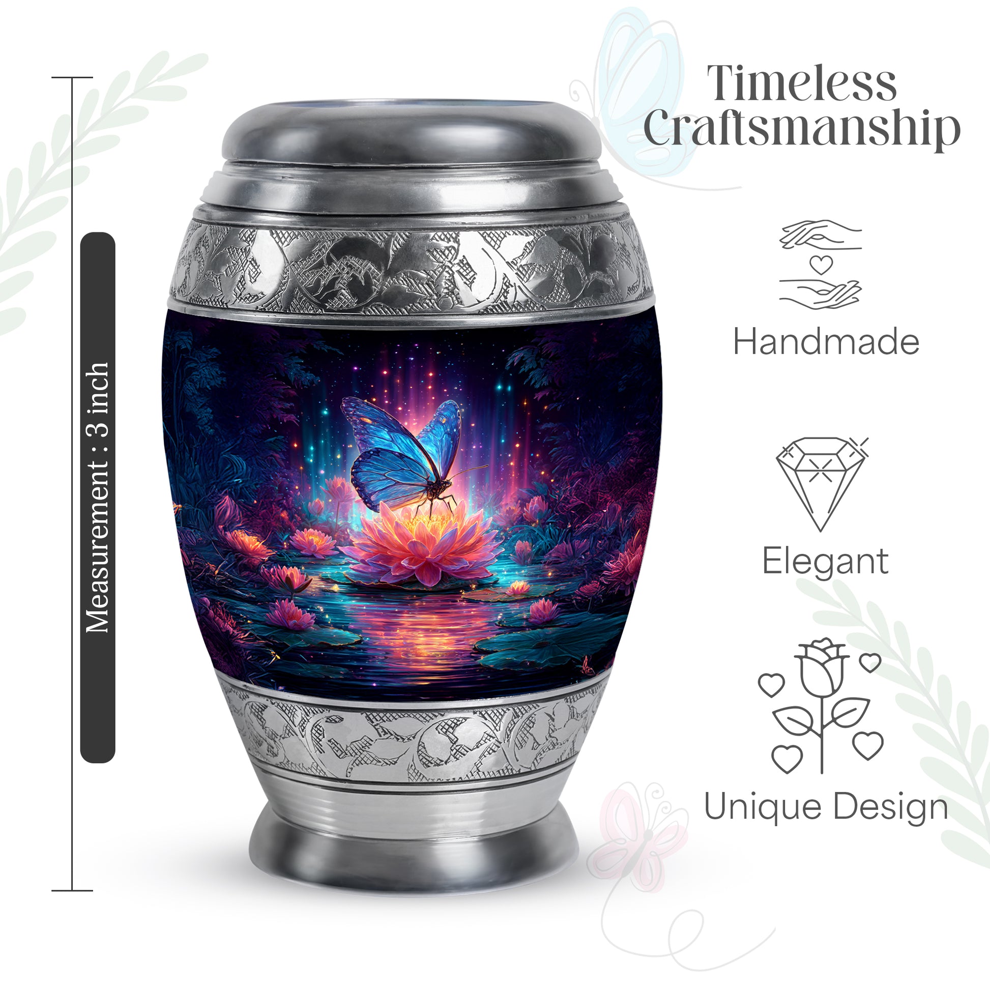 Soft Blue Butterfly Cremation Urn lifestyle display on memorial shelf - royal butterfly engraving with decorative scrollwork - mini keepsake memorial for portion of cremation ashes