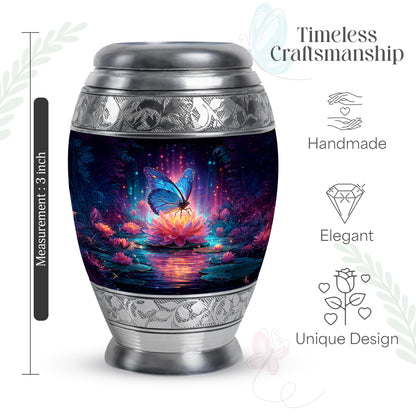 Soft Blue Butterfly Cremation Urn lifestyle display on memorial shelf - royal butterfly engraving with decorative scrollwork - mini keepsake memorial for portion of cremation ashes