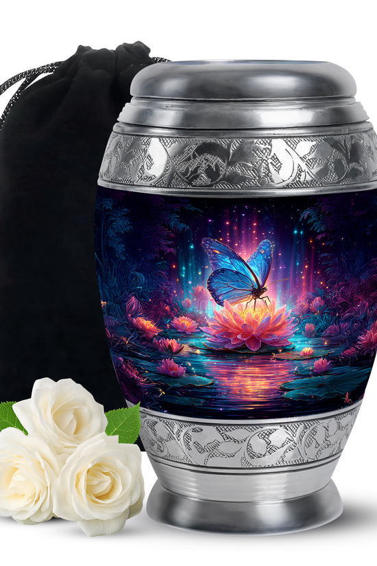 Bright Blue Butterfly Cremation Urn back view with polished surface - majestic butterfly pattern with filigree border - full-size 10 inch 200 cubic inch adult cremation urn