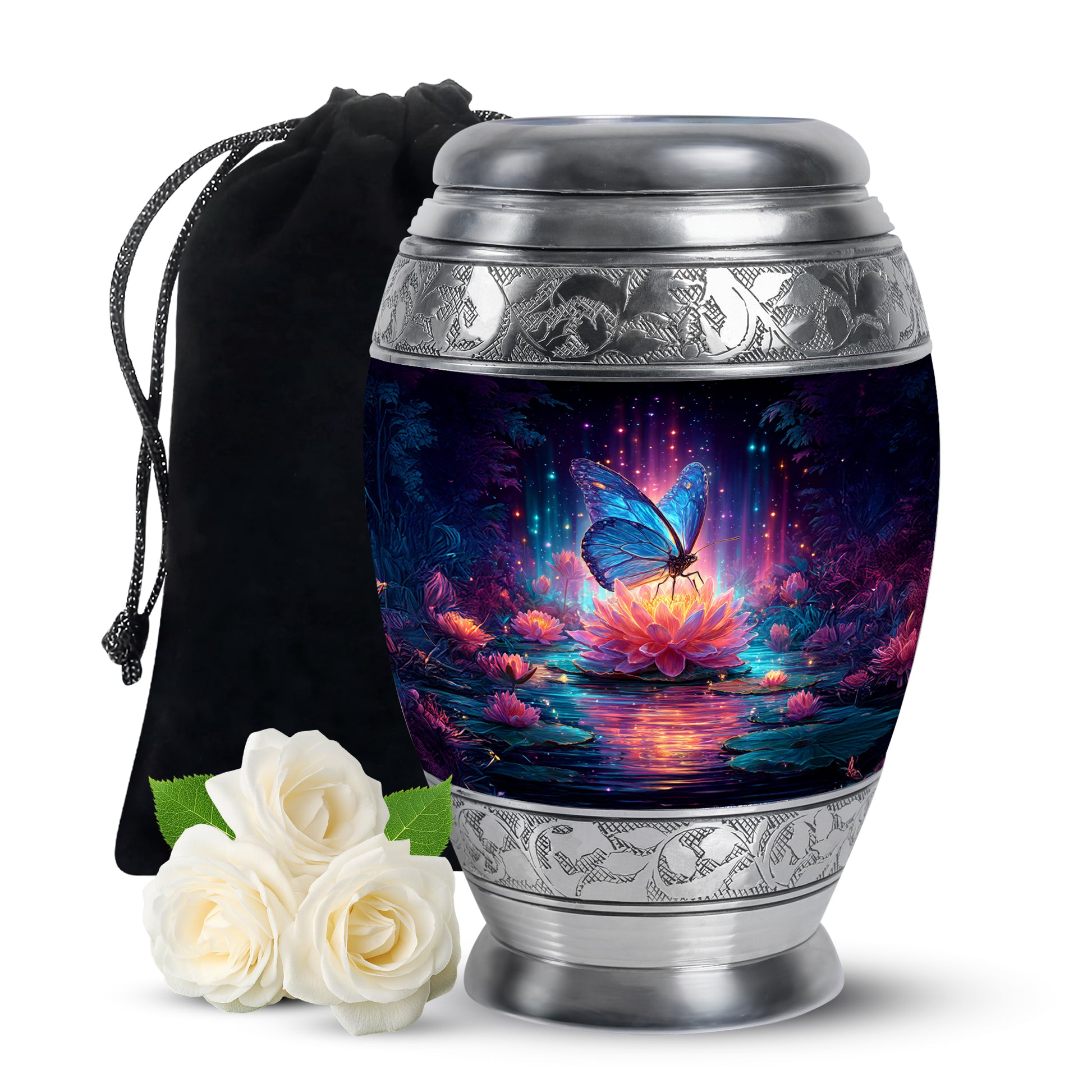 Bright Blue Butterfly Cremation Urn back view with polished surface - majestic butterfly pattern with filigree border - full-size 10 inch 200 cubic inch adult cremation urn