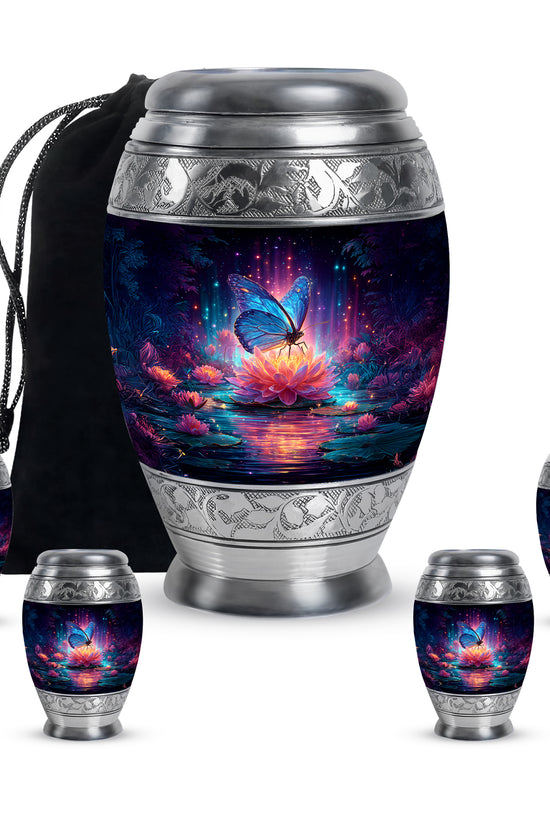 Navy Blue Butterfly Cremation Urn detail view - ornate monarch-style butterfly relief on brushed aluminum - memorial set with one large and four small urns