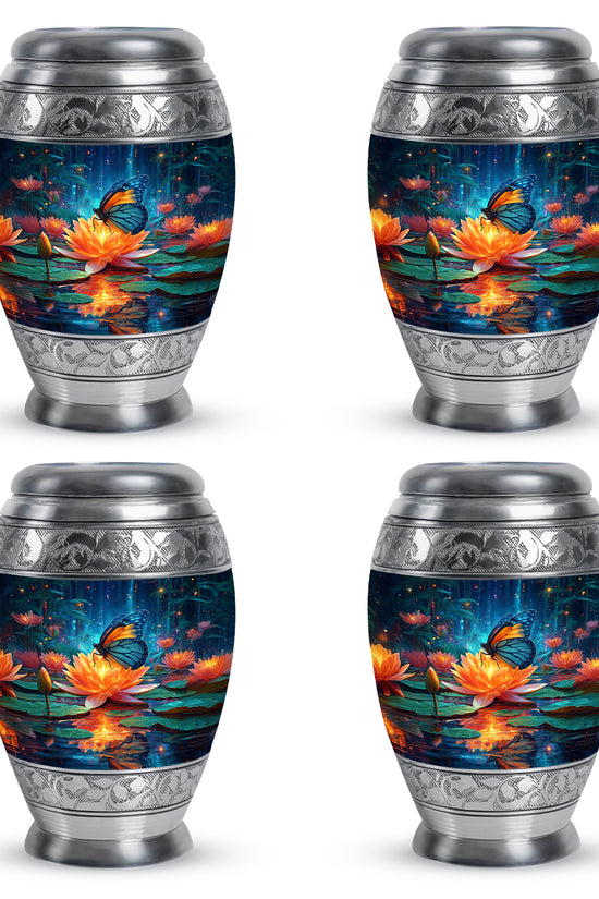 Indigo Butterfly Cremation Urn urn with complimentary velvet bag - ornate monarch-style butterfly relief on brushed aluminum - 10 inch aluminum urn for cremated remains
