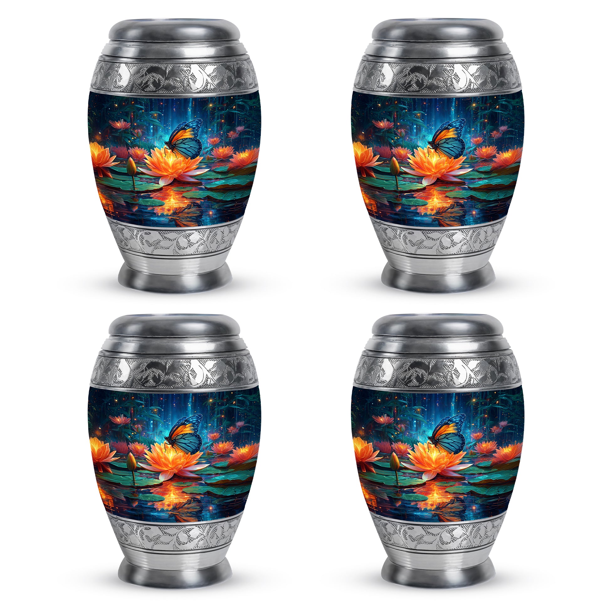 Indigo Butterfly Cremation Urn urn with complimentary velvet bag - ornate monarch-style butterfly relief on brushed aluminum - 10 inch aluminum urn for cremated remains