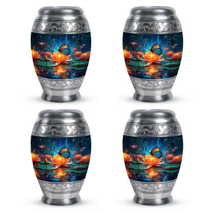 Indigo Butterfly Cremation Urn urn with complimentary velvet bag - ornate monarch-style butterfly relief on brushed aluminum - 10 inch aluminum urn for cremated remains