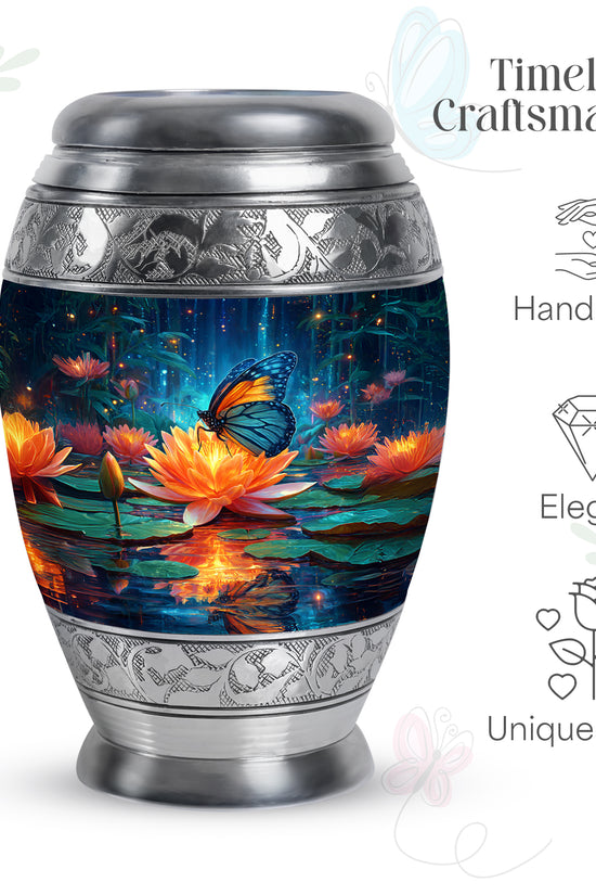 Steel Blue Butterfly Cremation Urn lifestyle display on memorial shelf - majestic butterfly pattern with filigree border - mini keepsake memorial for portion of cremation ashes