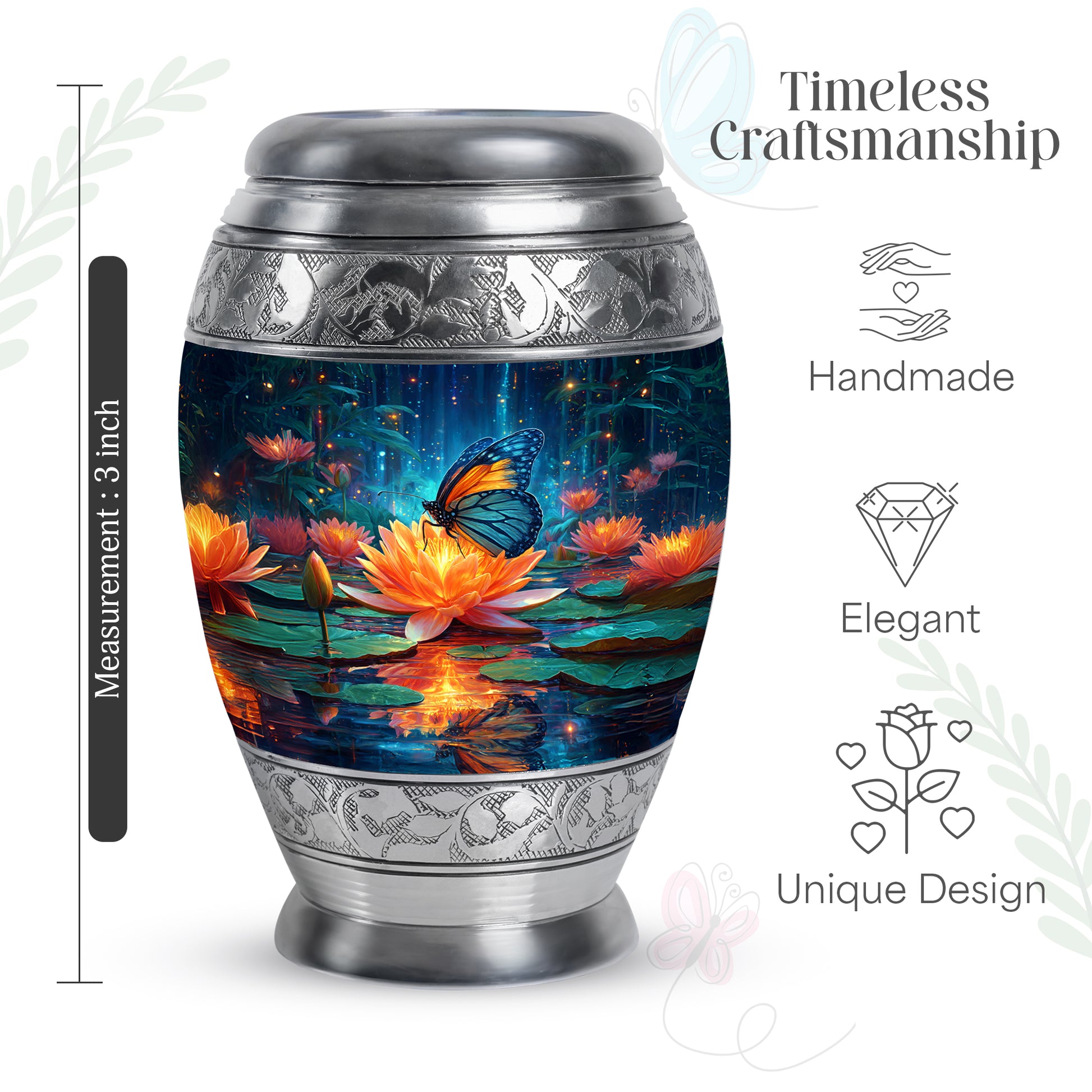 Steel Blue Butterfly Cremation Urn lifestyle display on memorial shelf - majestic butterfly pattern with filigree border - mini keepsake memorial for portion of cremation ashes