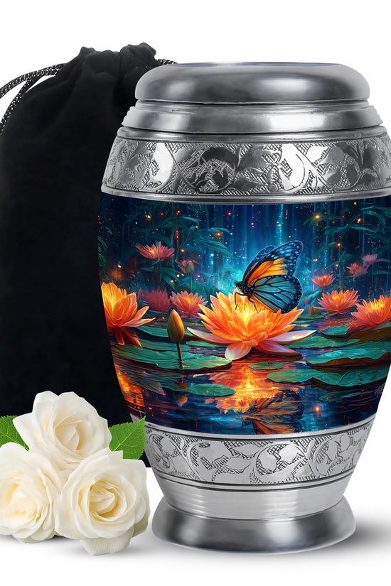 Dusty Blue Butterfly Cremation Urn back view with polished surface - ornate monarch-style butterfly relief on brushed aluminum - full-size 10 inch 200 cubic inch adult cremation urn