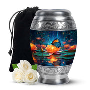 Dusty Blue Butterfly Cremation Urn back view with polished surface - ornate monarch-style butterfly relief on brushed aluminum - full-size 10 inch 200 cubic inch adult cremation urn
