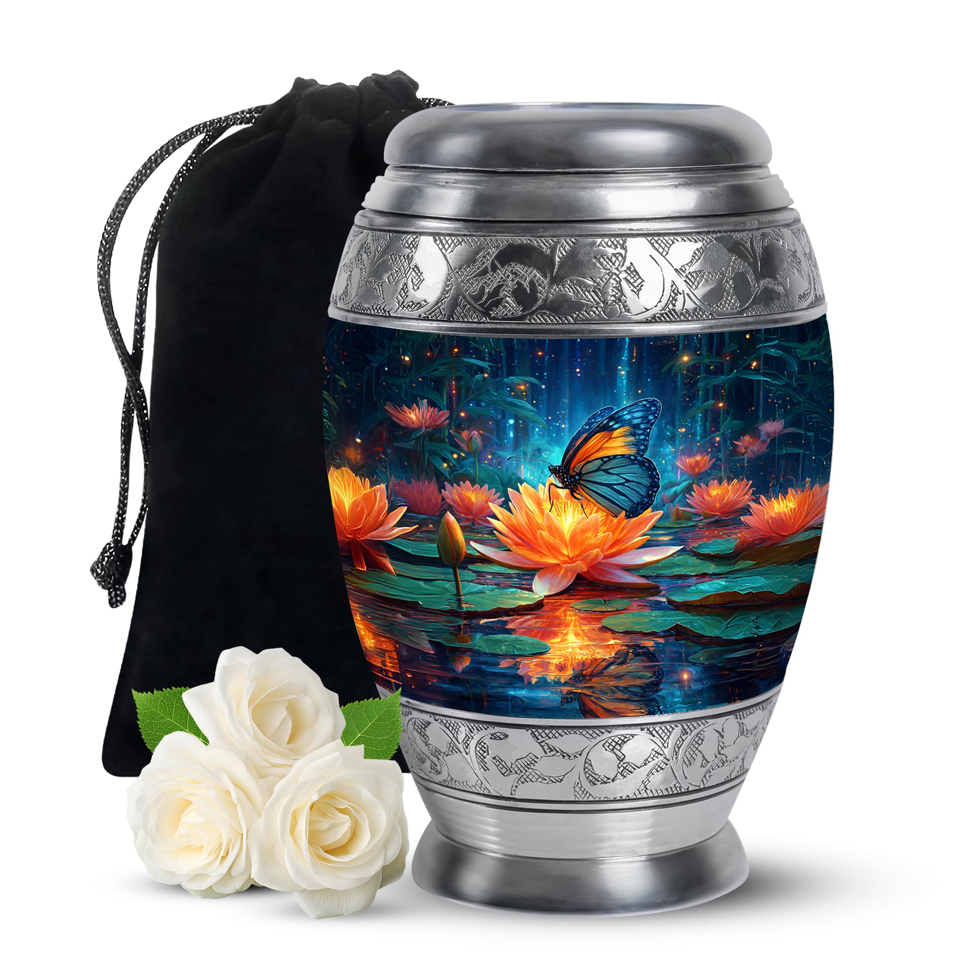 Dusty Blue Butterfly Cremation Urn back view with polished surface - ornate monarch-style butterfly relief on brushed aluminum - full-size 10 inch 200 cubic inch adult cremation urn