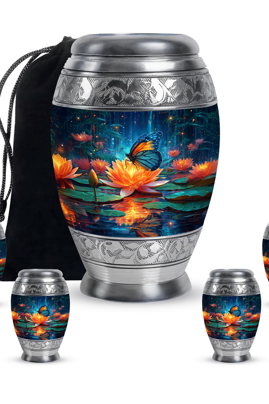 Bright Blue Butterfly Cremation Urn detail view - majestic butterfly pattern with filigree border - memorial set with one large and four small urns