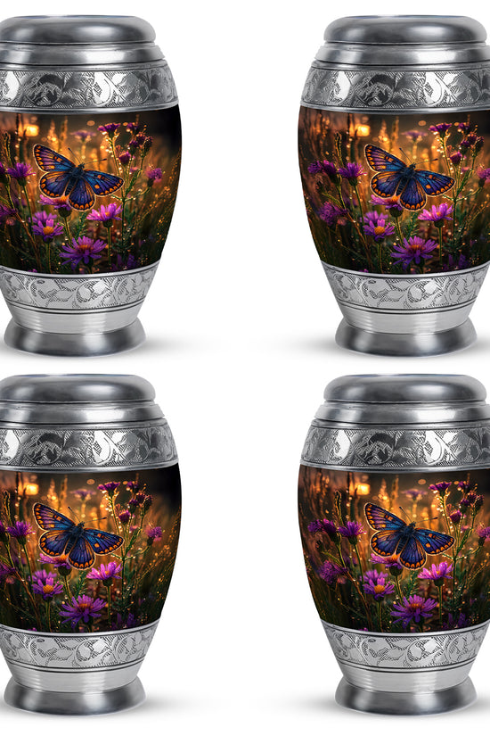 Burnished Gold Butterfly Cremation Urn urn with complimentary velvet bag - majestic butterfly pattern with filigree border - 10 inch aluminum urn for cremated remains