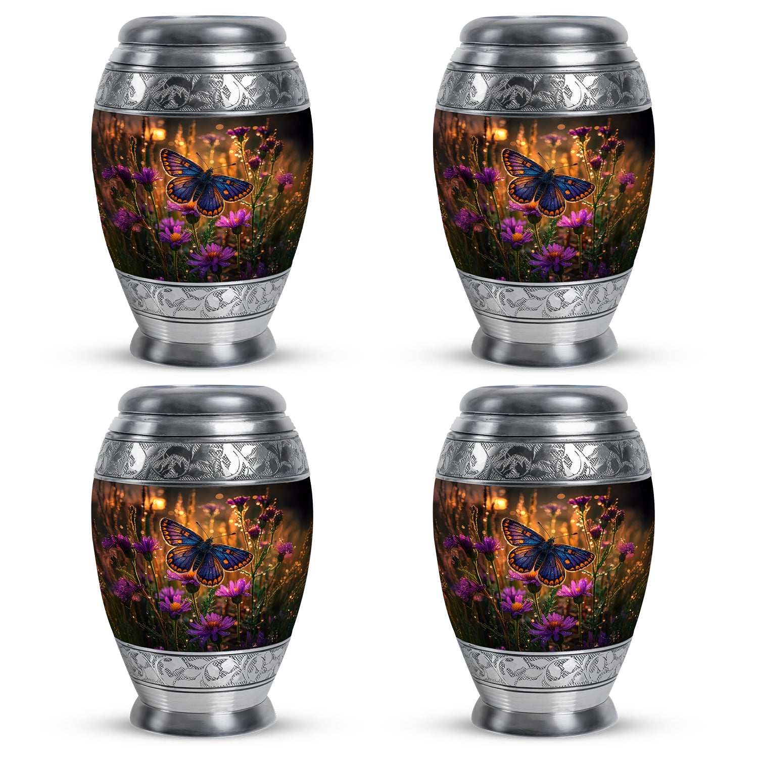 Burnished Gold Butterfly Cremation Urn urn with complimentary velvet bag - majestic butterfly pattern with filigree border - 10 inch aluminum urn for cremated remains