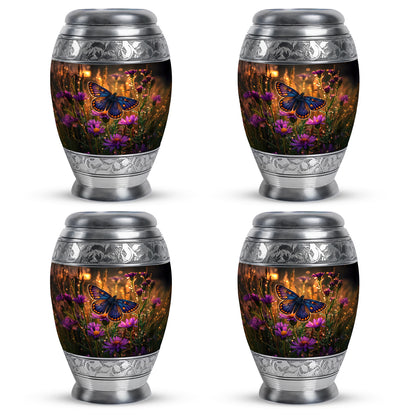 Burnished Gold Butterfly Cremation Urn urn with complimentary velvet bag - majestic butterfly pattern with filigree border - 10 inch aluminum urn for cremated remains