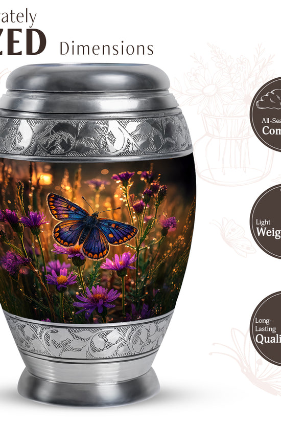 Sunrise Gold Butterfly Cremation Urn lifestyle display on memorial shelf - regal butterfly design with crown-inspired accents - mini keepsake memorial for portion of cremation ashes