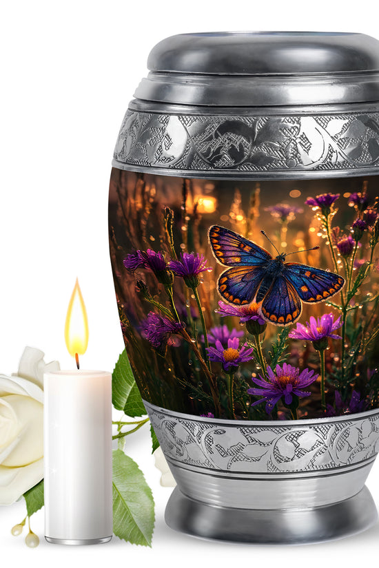 Royal Gold Butterfly Cremation Urn back view with polished surface - majestic butterfly pattern with filigree border - full-size 10 inch 200 cubic inch adult cremation urn